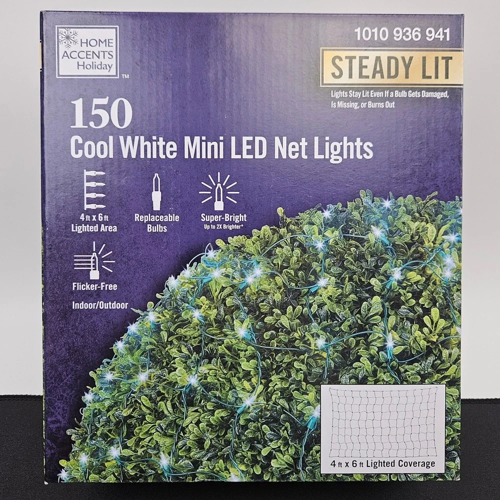 Home Accents Holiday 150 Cool White Mini LED Net Lights Steady Lit 4ft‎ x 6ft